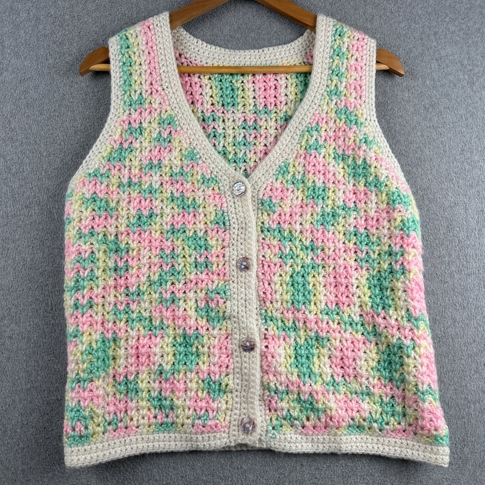 Handmade Sweater Vest Womens L Crochet Multicolor Button-down Pastel Knit
